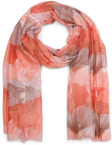 styleBREAKER Écharpe pour femmes avec motif de feuilles de ginkgo colorées et franges courtes, foulard léger, châle 01016208, couleur:Orange-Marron