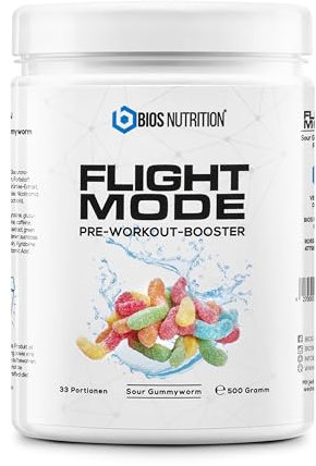 FLIGHTMODE Booster före träning 500gr (Sur gummimask) Vegansk - 33 portioner - inget stickande och inget kreatin - BIOS Nutrition (Tillverkad i Tyskland)