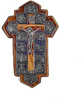 SHUCK24 Wunderschönes Kruzifix/Wandkreuz Via Dolorosa aus Jerusalem 12cm x 8cm, echtes Olivenholz. Authentisch in Handarbeit hergestellt.