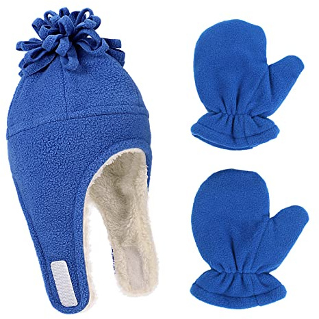 LACOFIA Cappellini Beanie e Manopole Caldo Pile per Neonato Berretto da Pilota Invernale con Paraorecchie e Guanto da Bambino Blu 1-3 Anni