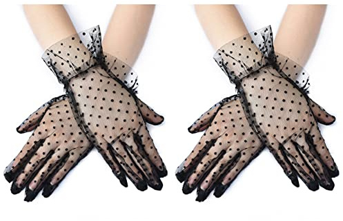 COSFAN 2 paia di Guanti di pizzo a pois, guanti da tè per le donne, guanti da sposa corti eleganti, guanti di Halloween, guanti estivi di cortesia UV
