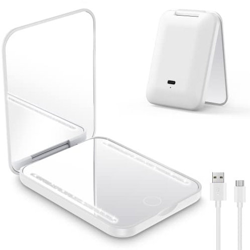 Benbilry Compact Mirror with Light, USB Rechargeable Travel Makeup Mirror with 1X/3X Magnifying & 3 LED Colors, Dimmable Magnetic Closing Memory Folding Pocket Mirror, Gift for Women, White
