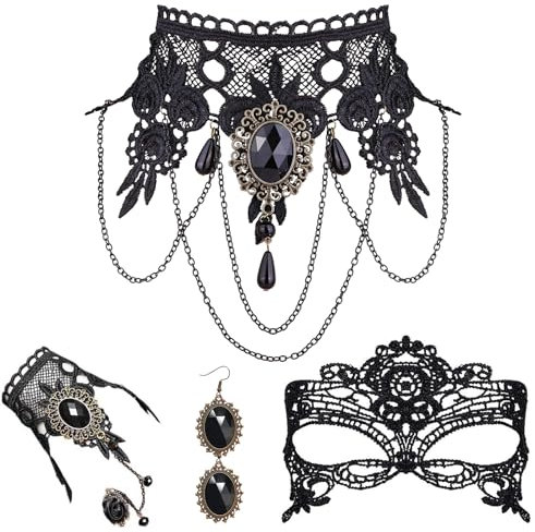 SPHERETRON Gothic Schmuck 4 Stück Gothic Kleidung Damen Gothic Schmuck Set Steampunke Damen Steampunke Accessoires Vampire Choker Kette Damen für Karneval Halloween Part