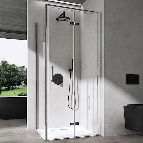 doporro Cabine de Douche en Angle Montage réversible 90x90x195cm Paroi de Douche avec Porte Pliante en Verre Transparant avec Nano-revêtement Design Ravenna37