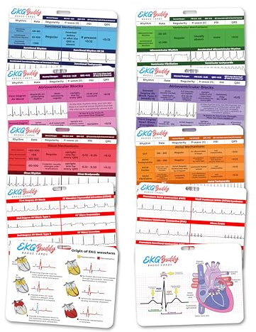 EKG Buddy's 5 Card EKG Interpretation Badge Set - Doubled Sided Nurse ECG Cards Guide Rhythm Cheat Sheet, EKG Telemetry Strips for ACLS Medical Cardiac Reference and Nursing Student Gift Accessories
