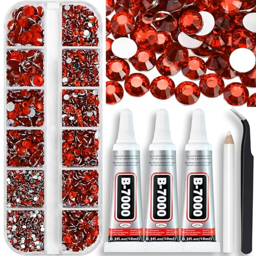 Towenm B7000 Jewelry Adhesive Glue with Rhinestones for Crafts, 4000PCS Tangerine Red Flatback Gems Rhinestones with Tweezer Picker Pencil Clear Glue for DIY Clothes Fabric Shoes Jewelry Making Nail