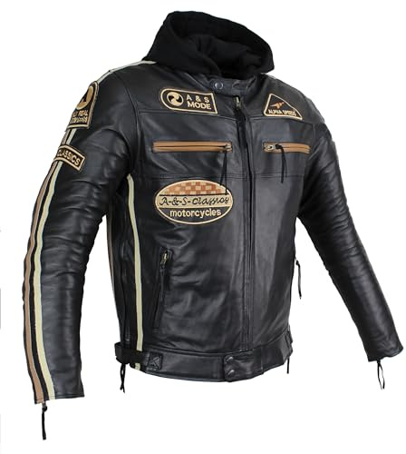 Motorrad Lederjacke Herren Lamm Lader Biker Custom Vintage Jacke Herren Freizeit Protektoren Motorcycle Jacket Hoodie (DE/NL/SE/PL, Alphanumerisch, L, Regular, Regular, 1, Braun Streifen)