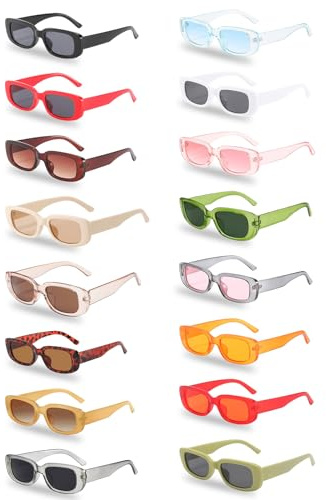 Lot de 16 Lunettes de Soleil Rectangulaires Vintage - Colorées Mode Années 90 Avec Protection UV - Tendance Rétro Hippie pour Carnaval