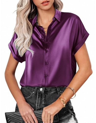 MINTLIMIT Women's Satin Shirt Blouse Short Sleeve Button Down Silk Blouse Casual Ladies Office Tops, Purple