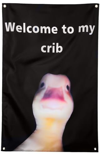 WY LIGHTING LEVEL Funny Duck Tapestry Hanging Flags Polyester Black 35.4x23 Inch Welcome to My Crib Duck Face Backdrop Cute Cave Wall Flags with Grommets for Home, Dorm, Party, Wedding, Birthday