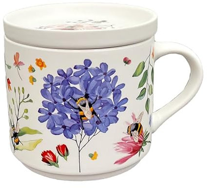 Puckator Set Tazza in Porcellana e Sottobicchiere/Coperchio 2 in 1 - Api & Fiori - Nectar Meadows, Confezione Regalo