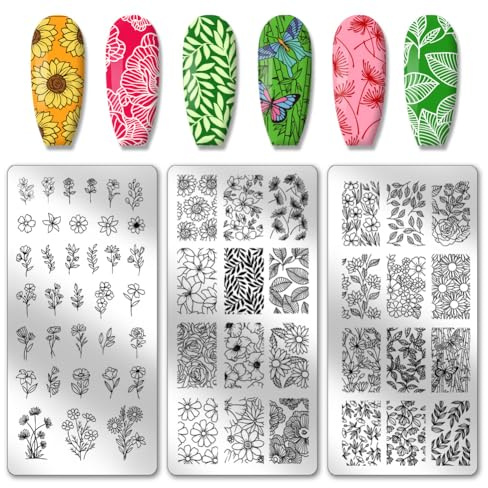 PH PandaHall 3 unidades Platos para sellar uñas plantillas para uñas impresión de plantas Stamper para uñas Platos para imagen uñas de acero inoxidable flores hoja herramienta 12 x 6 cm