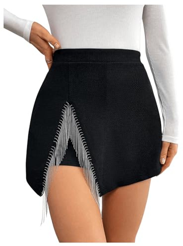 WDIRARA Women's Sparkly Rhinestone Fringe Trim Skorts High Waisted Split Side Skirt Shorts Black Small