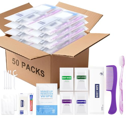 HQSLsund Lot de 50 kits d'articles de toilette de voyage en vrac, kit d'hygiène personnelle, kit d'hygiène jetable, fournitures pour soins des personnes sans domicile, kit de bienfaisance pour la