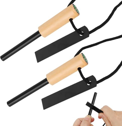 2 Sets Flint and Steel,Magnesium Stick Fire Starter with Wooden Handle and Compass,Reusable Ferro Rod Fire Stick,Wild Camping Equipment,Fire Starter Kit for Travelling Camping Hiking