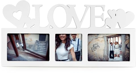 Universal Stock Marco de Fotos Love - Collage 3 Fotos, Decoración para Pared, Tamaño 45 x 22,5 cm, Portafotos Múltiple - Regalo Personalizado Ideal - Color Blanco