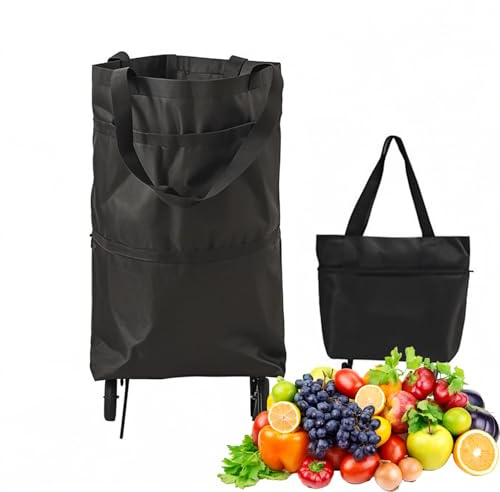 Foldable Shopping Trolley on Wheels, 25kg Heavy-Duty Waterproof Oxford Fabric Collapsible Bag with Silent Wheels, Convertible Hand Carry (Black)