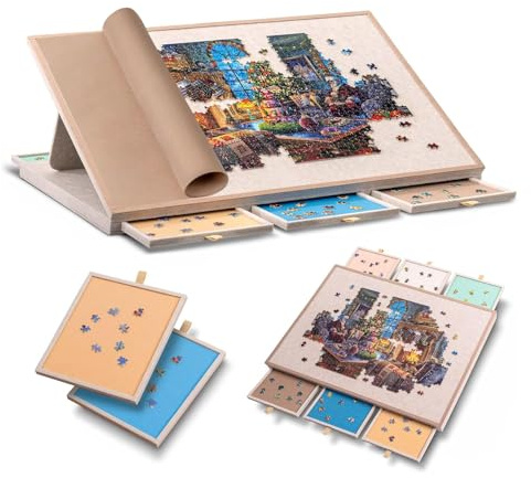 Table Puzzle 1000 Pièces avec Support et Housse - Inclinable Plateau Puzzle en Feutre avec 6 Tiroirs - Super Léger Planche Puzzles - Portable Jigsaw Board Idéal pour Adultes et Enfants
