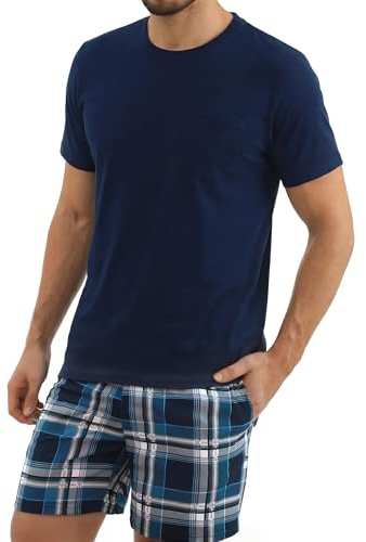 Bresdk Mens Pyjamas Set Cotton Crew Neck Top Plaid Shorts Summer Loungewear | Soft Short Sleeve Sets