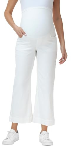 Foucome Women's Maternity Jeans Wide Leg Trendy Cropped Denim Pants Stretchy Baggy Pregnancy Capris Jeans (White, M)