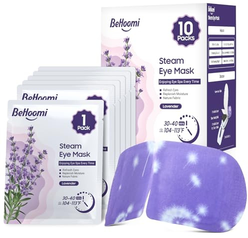 BeHoomi Lavendel doftande ångögonmask – 10-pack, självuppvärmande varm kompress för ögon, lugnande fuktig värmeavlastning, avkoppling och sömnstöd, perfekt för resor, spa och gåvor
