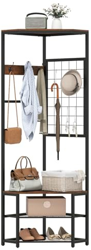 COSTWAY 3-i-1 hörngarderob metall, platsbesparande garderobställ med 4 krokar, 2 skohyllor och anti-tipp-set, fristående klädställ för hall och sovrum, 49 x 49 x 171 cm