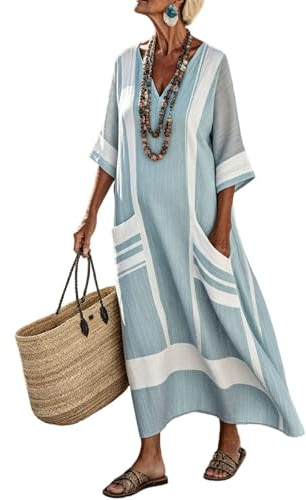 Women's Comfortable Loose Cotton Kaftan UK Linen Maxi Dress Ladies Vintage V Neck Sundress Flowy Lightweight Outfits Holiday Beach Clothes Summer Clothing with Pockets (A30,L)