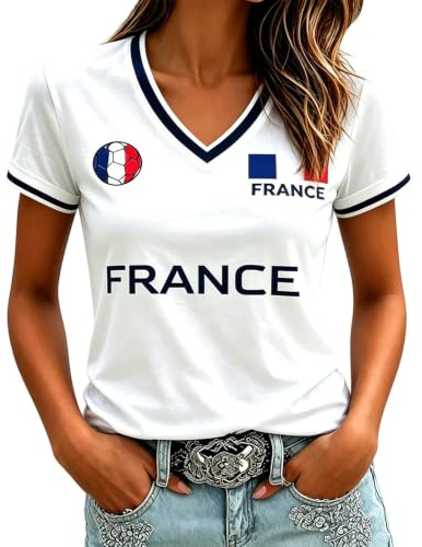 Maillot Equipe de France Foot 2026 Femme T-Shirt Fan Football Coupe du Monde 2026 Maillot de Foot Graphique avec Coq Gaulois Tee Shirt Dérivés Vêtement Modèle Équipe pour Les Fans de Football