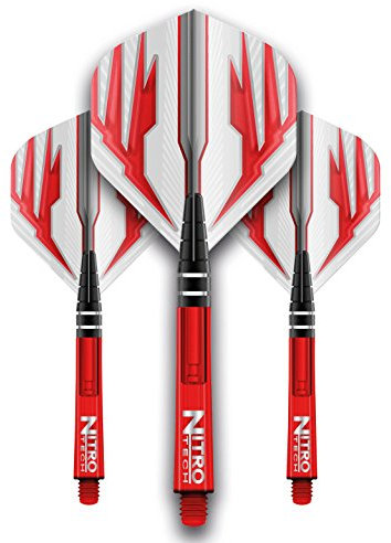 RED DRAGON Dart Flight and Schäfte Kombi Rot - 4 Sätze Standardflüge und 4 Sätze Medium Nitrotech Schäfte pro Packung