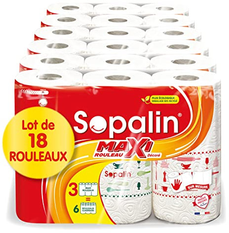 Sopalin Maxi Rouleaux Décoré – 18 Maxi Rouleaux égal à 36 classiques, Double épaisseur, Demi-feuilles, Blanc
