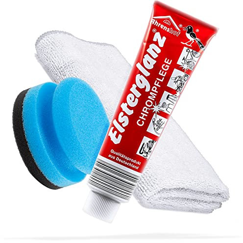 detailmate Chrom-Pflege Bundle mit 150ml XXL Tube | Elsterglanz Chrompflege + detailmate Premium Microfasertuch + Schwamm | Chrompolitur reinigt, poliert und konserviert Chrom-Oberflächen