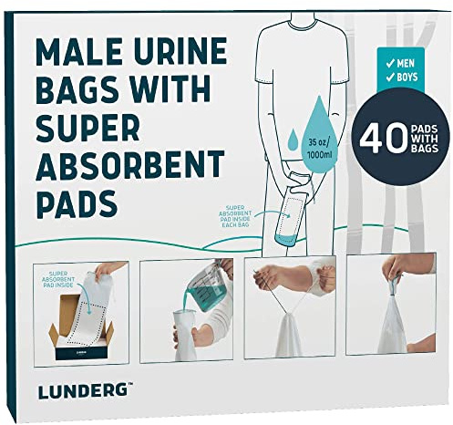Lunderg Disposable Urine Bags for Men with Super Absorbent Pad - Value Pack 40 Count - Disposable & Portable - For travel, Car Pee Bag or Pocket Toilet for Emergency & Camping. Help Yourself Anywhere!