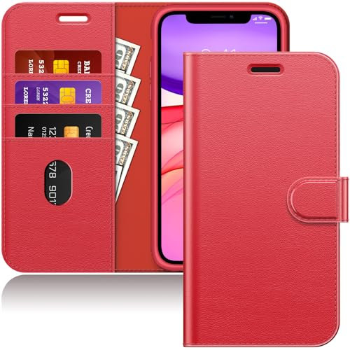 JETech Brieftasche Hülle für iPhone 11 6,1 Zoll, Stoßfestes PU Leder Magnetisches Flip Abdeckung mit Kartenhalter und Standfunktion (Rot)