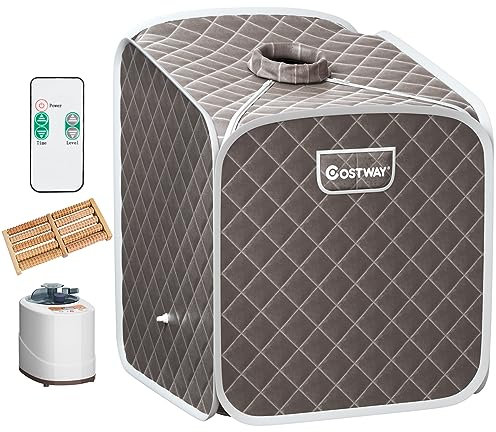 RELAX4LIFE Mini Dampfsauna 2L, Heimsauna mit Fernbedienung, Sitzsauna mit 9 Temperaturstufen bis 45°C & Timer bis 99 Min, Mini Sauna 1000W Verdampfer, Saunakabine mit Zubehör (Grau)