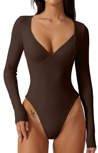 QINSEN Sexy Bodysuit for Women Sweetheart Neckline High Cut Thong Tops Long Sleeve Shirt Coffee Bean S