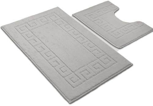 Paradise Products Bath Mat Set - New Greek Rug Style, 2-Piece Non-slip - Shower Mat & Pedestal Set -Bathroom Mats (Silver)