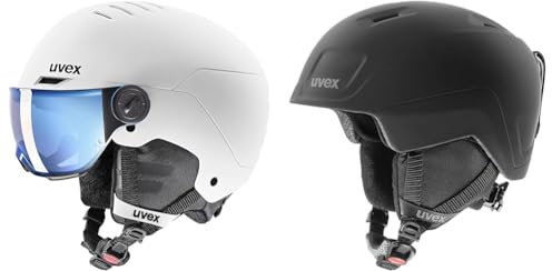 uvex rocket jr visor - Skihelm für Kinder - mit Visier - individuelle Größenanpassung - white - black matt - 54-58 cm & heyya pro - Skihelm für Kinder - schwarz matt - 54-58 cm