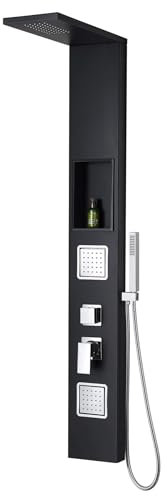 Duschpaneel Schwarz Matt mit Mischerventil inkl. integrierter Wandnische | Massagedusche paneel, Regendusche, Duschsystem mit Handbrause