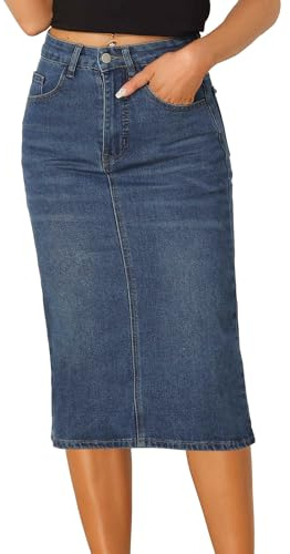 Allegra K Gonna in Jeans da Donna a Vita Alta Midi Gonna Denim Elasticizzata Vintage con Comfort Primavera Estate Blu XS