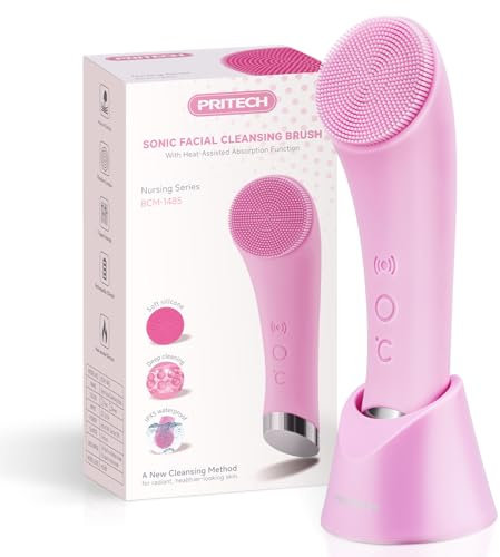 PRITECH Facial Cleansing Brush, Rechargeable Silicone Face Scrubber with Heat Massage End, Vibrating Exfoliator Scrubber for Deep Cleaning, Waterproof Face Brush for Women and Men (Pink)