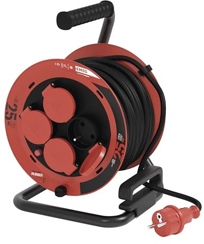 EMOS - Enrouleur de câble 25m - 4 prises avec protection accrue contre les contacts accidentels - étanche & résistant au froid, antichoc - 230V, 10A, 2300W - isolation en gomme, 1,0 mm2, IP44