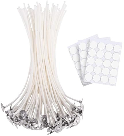 50 Stück Kerzendochte für Kerzen, 10cm Kerzendochte mit 60 Stück Kerzendocht Aufkleber, Natürliche Bio-Baumwolle, vorgewachst mit Soja Wachs, Kerzen Docht für Die Kerzenherstellung Candle DIY