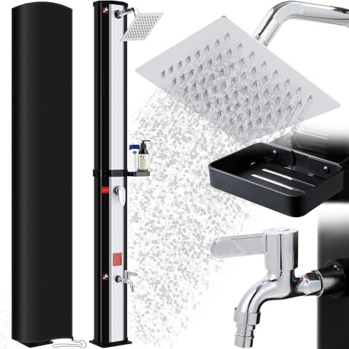 Solardusche 35 L, Gartendusche Warmwasser bis 60°C, mit Regenduschkopf, Wasserhahn, Seifenkiste & Schutzhaube, Pooldusche Camping für Garten, Balkon & Pool, ohne Stromanschluss, Schwarz / Silber