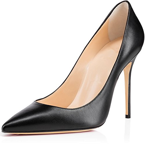 Elashe Escarpins Slip on Talon Haut 10 CM Cuir Noir Brillant Pointed Toe Sexy pour Mariées Réceptions & Bureau Matt-NoirA EU38