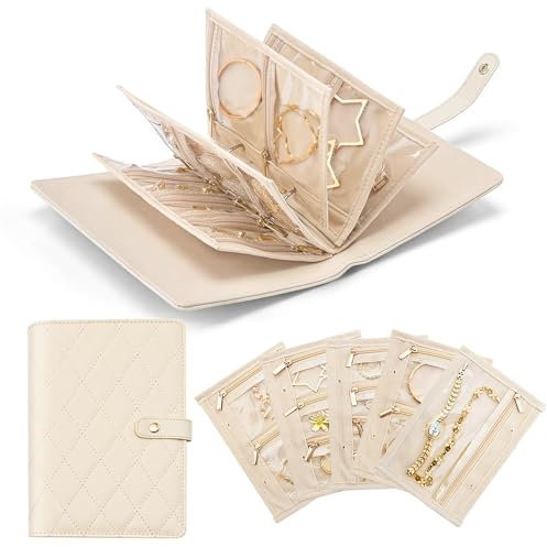 Yiomxhi Portagioie da Viaggio, Scatola Borsa da Viaggio con 5 Sacchetti di Velluto, Custodia Organizer Gioielli Donna Ragazza Porta Orecchini per Anelli Collane Bracciali, Bianco Crema