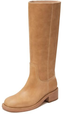 ZJGZF Womens Knee High Boots Leather Campus Riding Boot Round Toe Chunky Block Heel Riding Motorcycle Biker Boot Platform Wide Calf Long Tall Brown Boots Camel