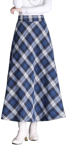 Artykey Jupe Longue Femme Hiver Taille Haute Vintage Élégant Maxi Skirt Carreaux A-Ligne Automne Jupe Plissée Bleu S(Taille élastique:66cm)