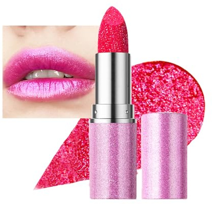 Metallic Glitter Hot Pink Lipstick, High Impact Shine Lipcolor, Creamy Bright Pink Lipstick Lightweight Hydrating Formula, Metallic Eyeshadow & Lip Makeup Long Lasting Pearlescent Lip Tinted for Women