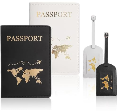 Protege Passeport et Etiquette Valise Set, 2 passeports et 2 étiquettes à bagages, Cuir PU, Protège Passeport avec Bloqueur RFID, pour Hommes Femmes pour Passeports, Cartes de Crédit, (Noir, blanc)