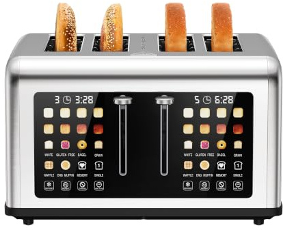 Tostadora de 4 Ranuras, Pantalla Táctil, 8 Niveles de Tostado, 6 Programas de Pan, Función Descongelar y Recalentar, Acero Inoxidable para Bagel Muffin Gofre, 1760 W